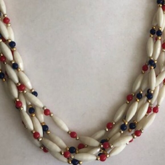 HONG KONG Red White Blue Lucite Bead 6 Strand Vintage Necklace - Picture 4 of 15